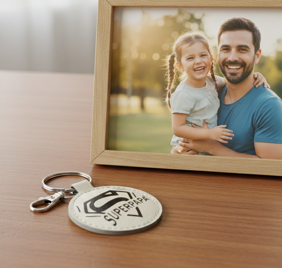 Portachiavi Tondo Ecopelle Super Papà o Personalizzato con Testo - Regalo Uomo Unico